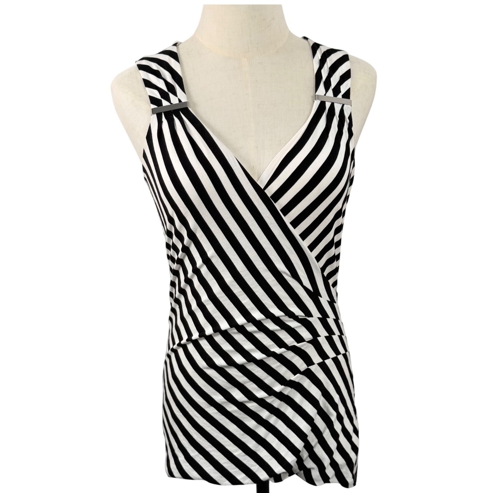 WHBM S Surplice Faux Wrap Bodycon Top V Neck Striped Nautical Mob Wife Resort